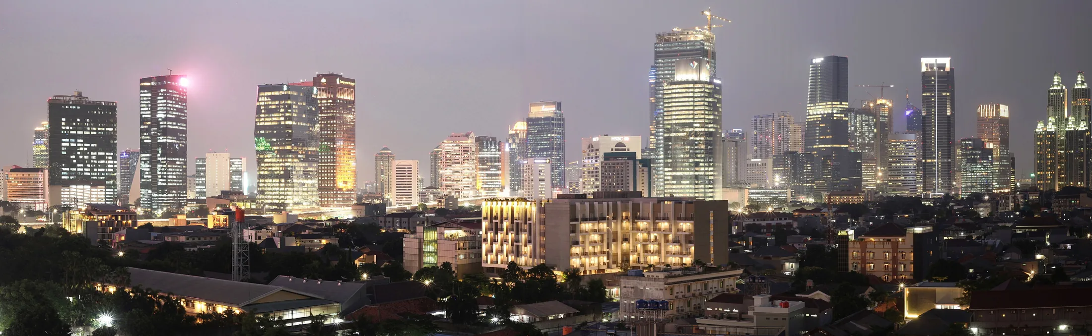 Jakarta skyline at night -- Business District area at Jalan Jenderal Sudirman, Central Jakarta, as seen from Kuningan District, South Jakarta, Indonesia in or near Jakarta, Indonesia