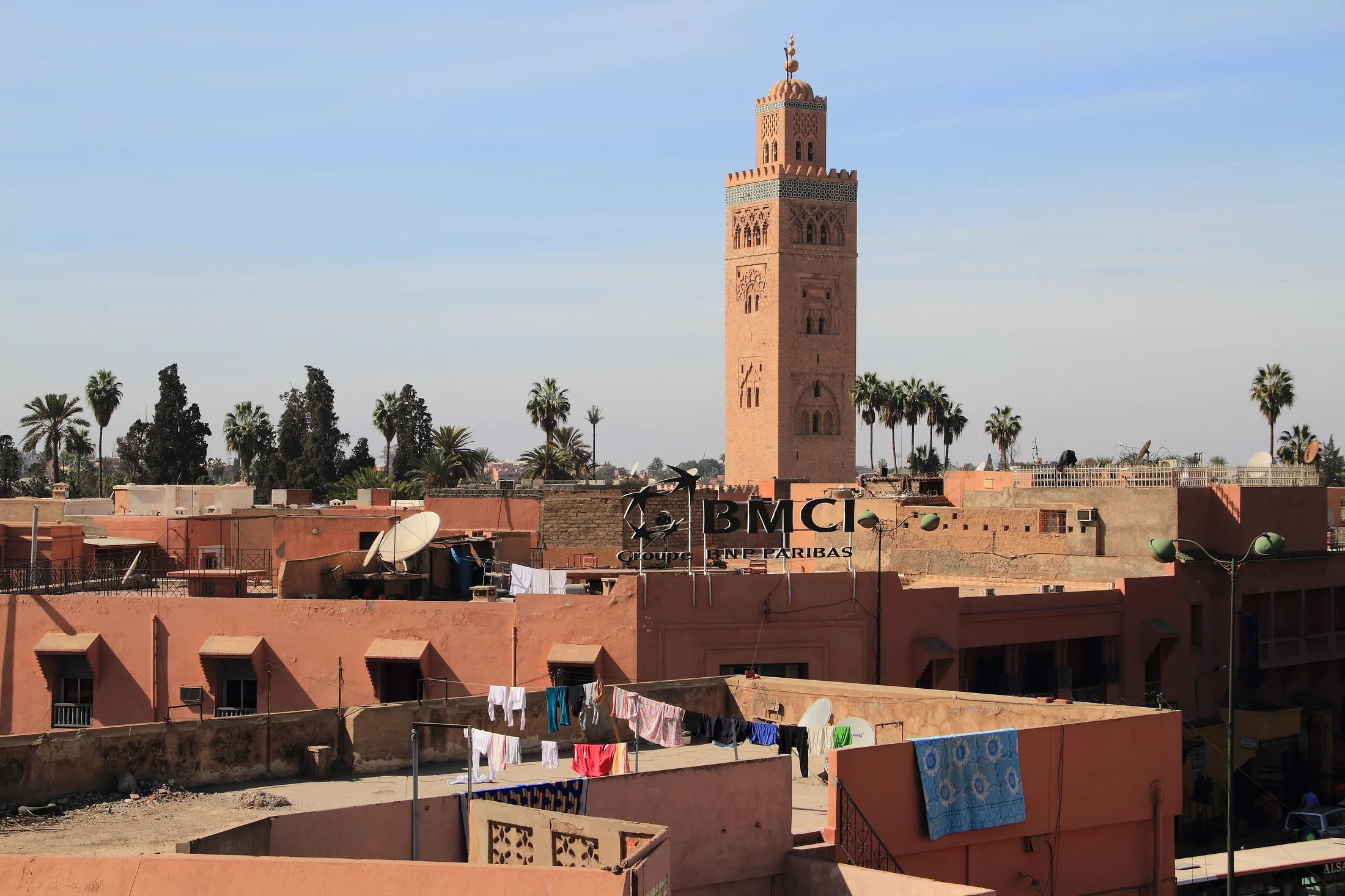Koutoubia minaret from the city in or near Marrakech, Morocco
